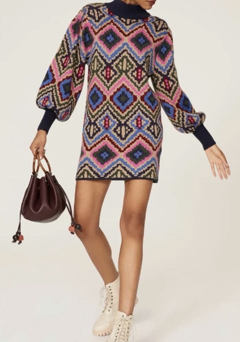 Farm Rio Sweater Dress Women Large L Rauti Jacquard Knit Mock Balloon Puff Boho